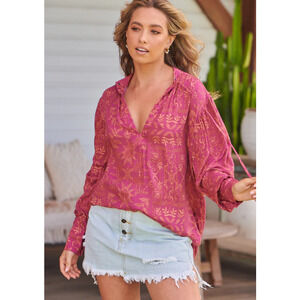 Free People Mia Floral Print Rouge Split Tie Neck Tunic Top Large